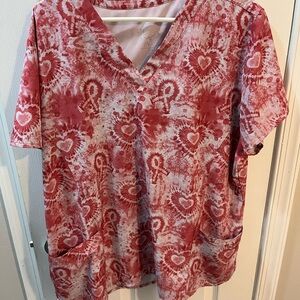 Maeve Pink Tie-Dye Heart V-Neck Scrub Top Pockets Size 2X